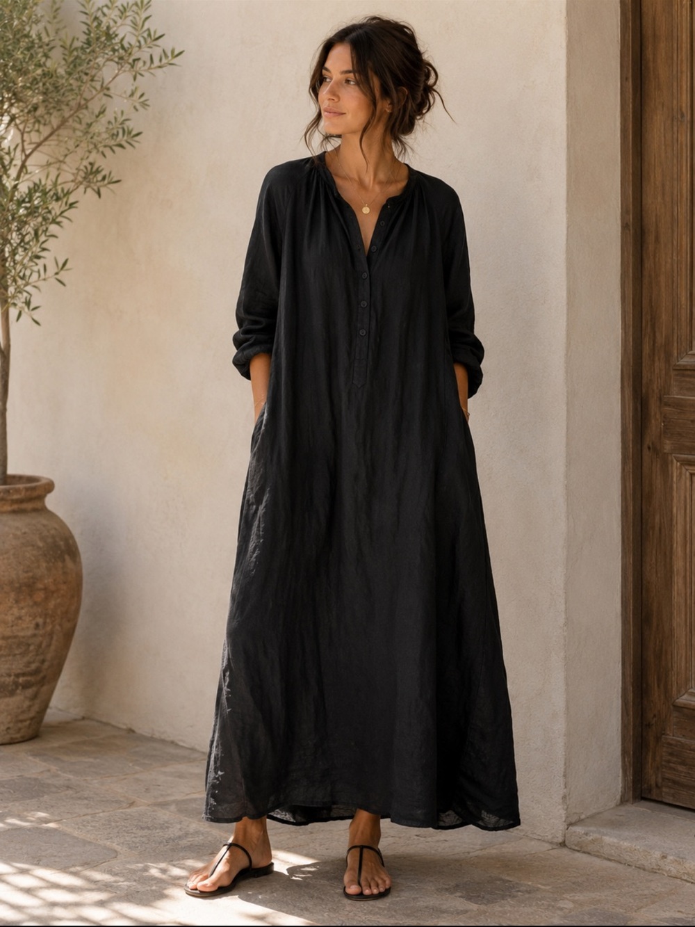 CP Shades Black 100% Linen Long Sleeve Maxi Dress Size S